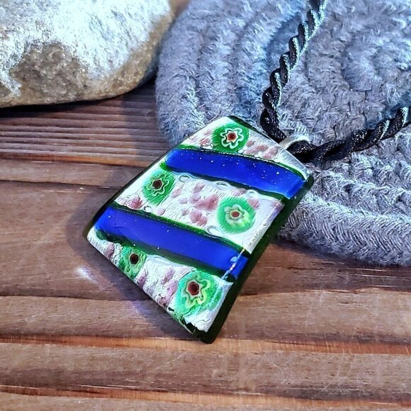 Cobalt Blue Dichroic Glass Trapezoid Necklace - Picture 2 of 8